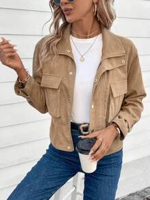 SHEIN LUNE Flap Pocket Corduroy Jacket - Khaki - View 4