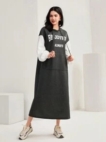 Mulvari 字母圖案袋鼠口袋落肩抽繩連帽洋裝 - 彩色 - 查看 2