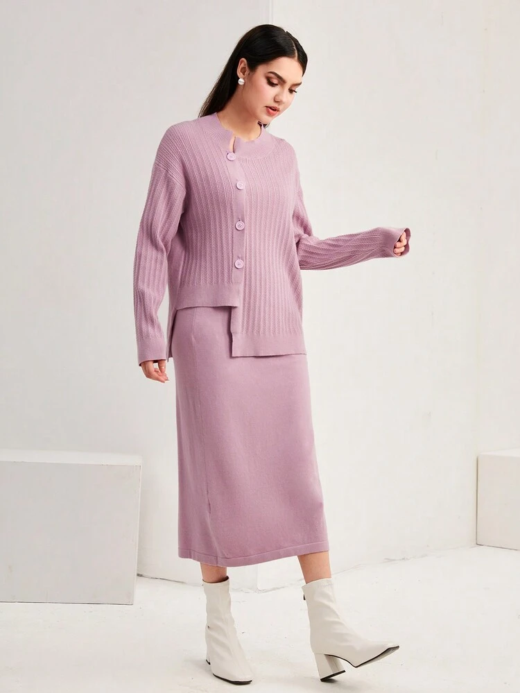 Drop Shoulder Button Front Asymmetrical Hem Cardigan & Knit Skirt 2 Piece Set