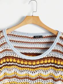 Flirla 大碼條紋圖案網眼針織落肩袖套頭毛衣 - 彩色 - 查看 3