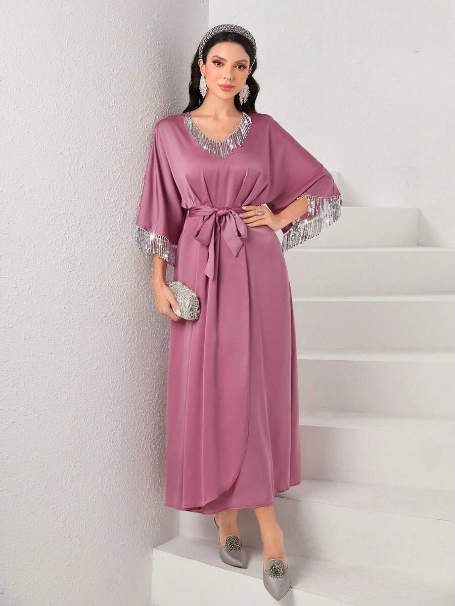 Modelyn Contrast Sequin Belted Dress - Pink - View 1