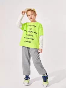 SHEIN Cậu bé Tween Đồ họa Khẩu hiệu Tee 2 trong1 & Quần nỉ - màu xanh lá - Xem 4