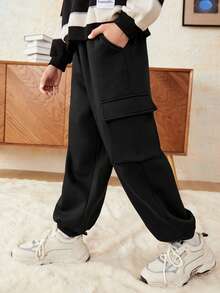 SHEIN Tween Boy Letter Graphic Flap Pocket Side Sweatpants - Black - View 6