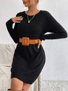 EMERY ROSE Solid Round Neck Sweater Dress Fall Winter Cloth For Women - Black - View 5