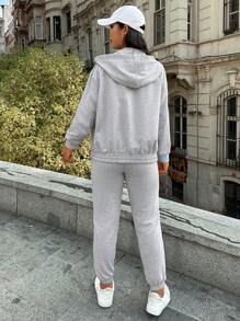 SHEIN PETITE Asymmetrical Hem Cami Top, Hooded Jacket And Pants Set - Grey - View 2