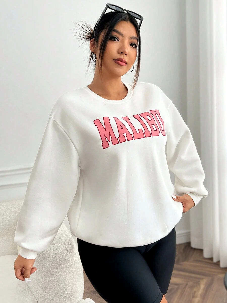 SHEIN EZwear Plus Letter Graphic Drop Shoulder Sweatshirt - White - View 1