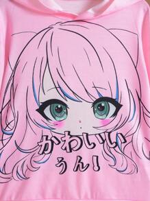 SHEIN Cô gái Tween Đồ họa chữ & hình trong tiếng Nhật Áo nỉ có mũ - Hồng - Xem 5