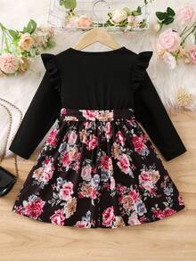 女小童印花荷葉邊繫腰帶洋裝 - 黑色 - 查看 2