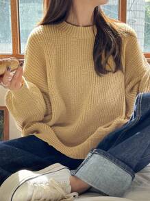 DAZY Chất rắn Thả vai Đồ đan Ribbed Áo len - Màu vàng - Xem 2