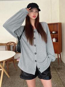 DAZY Chất rắn Nút phía trước Thả vai áo - Xám - Xem 4