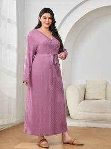 Mulvari 大碼棉素色V領繫腰帶洋裝 - 紫色 - 查看 6