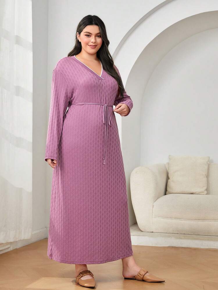Plus Cotton Solid V Neck Belted Dress