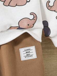 SHEIN Baby Boy Elephant Print Sweatshirt & Sweatpants - Brown - View 4