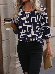 SHEIN Clasi Geo Print Round Neck Blouse - Blue - View 3