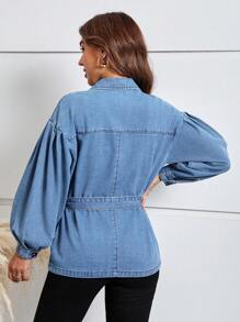 SHEIN LUNE Lantern Sleeve Belted Denim Jacket - Medium Wash - View 2