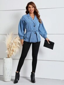 SHEIN LUNE Lantern Sleeve Belted Denim Jacket - Medium Wash - View 4