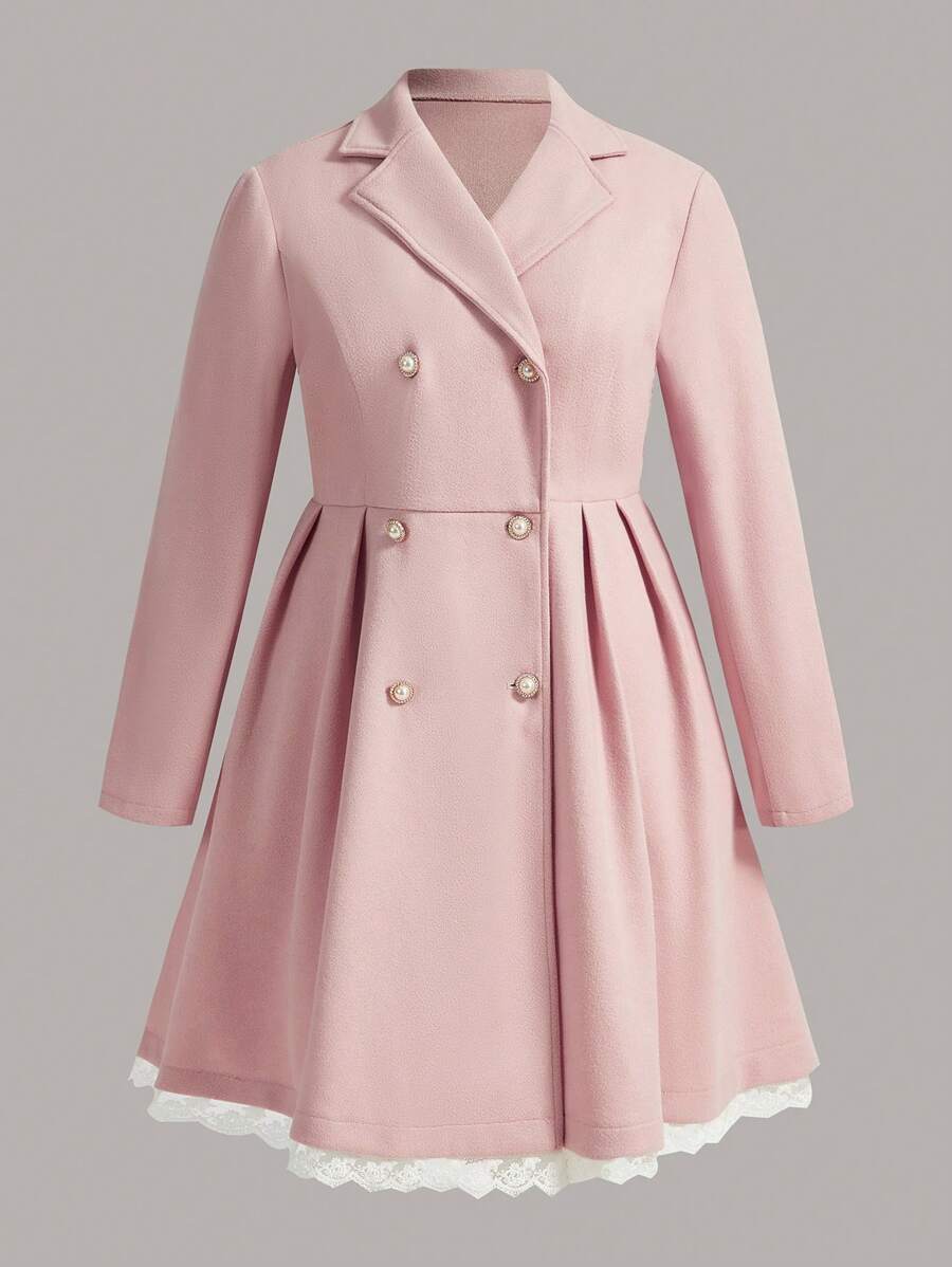 SHEIN Qutie Hơn Cổ bẻ Đôi ngực Trang trí ren Áo khoác - Hồng - Xem 1