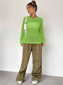 SHEIN Unity 百搭休闲纯色镂空透视圆领长袖毛衣 - 綠色 - 查看 4