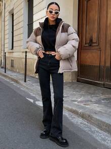 DAZY Áo khoác phao hai tông màu có khóa kéo, túi dày, quần áo mùa đông cho nữ, áo khoác mùa đông cho nữ - Màu Khaki - Xem 5