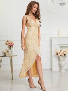Sequin Wrap Dress, Elegant Cocktail Party Dress, Suitable For Wedding Guest, Formal Occasion, Birthday, Graduation, Dinner, Homecoming, Bridal Gown - Gold - View 6