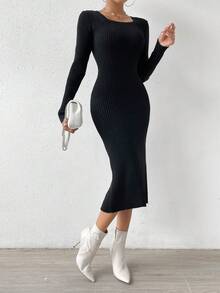 Chiquease 純色方領羅紋針織毛衣洋裝 - 黑色 - 查看 5