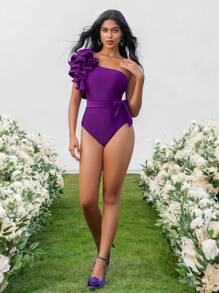 Swim Chiccia Summer Beach Ruffle Trim One Shoulder One Piece Swimsuit - Purple - View 2