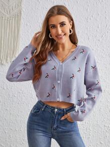 SHEIN VCAY Floral Pattern Drop Shoulder Cardigan - Mauve Purple - View 1