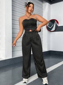 Flirla Plus Striped Print Tube Top & Pants - Black - View 5