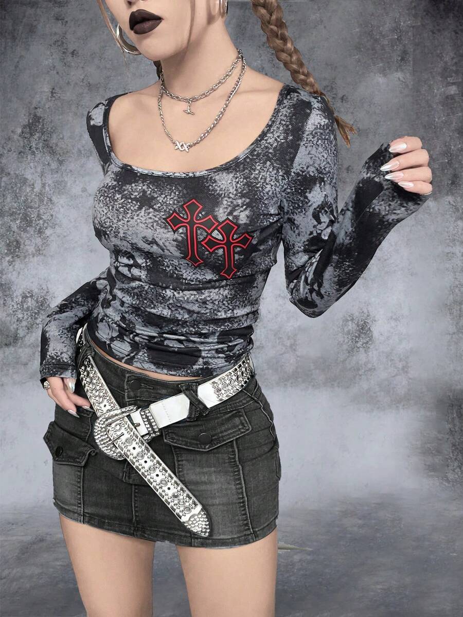 休閒褶邊繪圖 字母 紮染女士T恤 - 彩色 - 查看 1