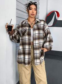 Flirla Plus Áo khoác trễ vai in họa tiết kẻ sọc - màu nâu - Xem 6