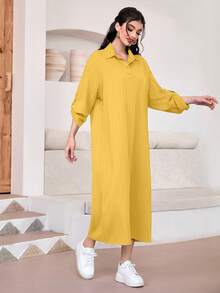 Mulvari Solid Roll Up Sleeve Shirt Dress - Yellow - View 5