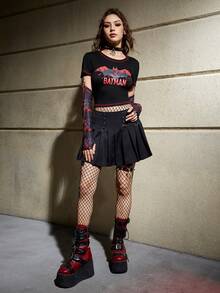 Batman X ROMWE Letter & Cartoon Graphic Contrast Stitch Crop Tee With Arm Sleeve - Multicolor - View 5
