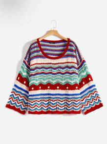 Flirla 加條紋圖案挑窿針織落肩毛衣 - 彩色 - 查看 1