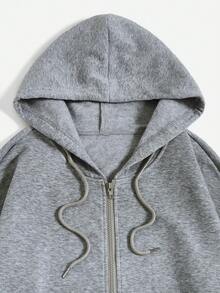 SHEIN Qutie 加大码卡通图案袋鼠口袋抽绳保暖内衬卫衣 - 灰色 - 查看 4