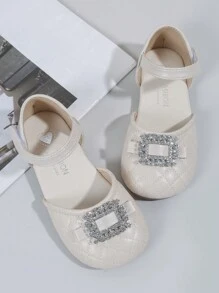 Flache Kinderschuhe Mit Viereckigen Strasssteinen, Einfachem Und Bequemen Design, Obermaterial Aus Pu Leder