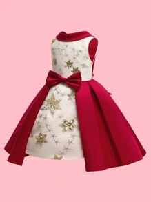 Girls' Star & Glitter Detail Red And Golden Princess Party Dress With Fluffy - Red - View 3