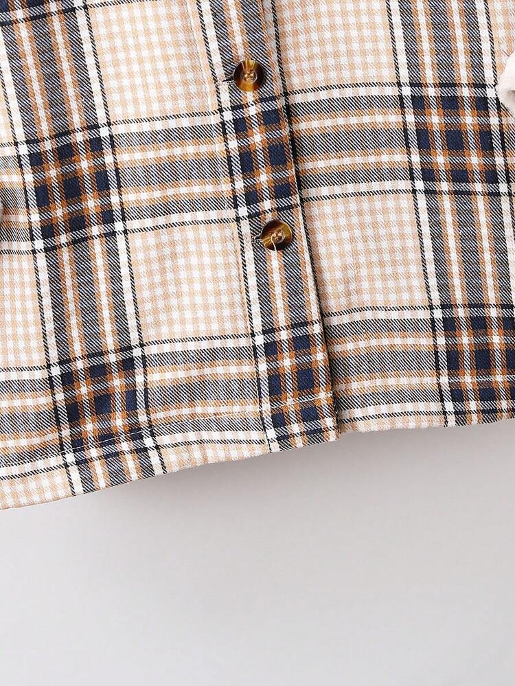 Young Boy Plaid Print Hooded Thermal Lined Button Front Coat Without Sweater