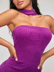 SHEIN SXY 不對稱領網眼針織毛衣洋裝 - 紫色 - 查看 6