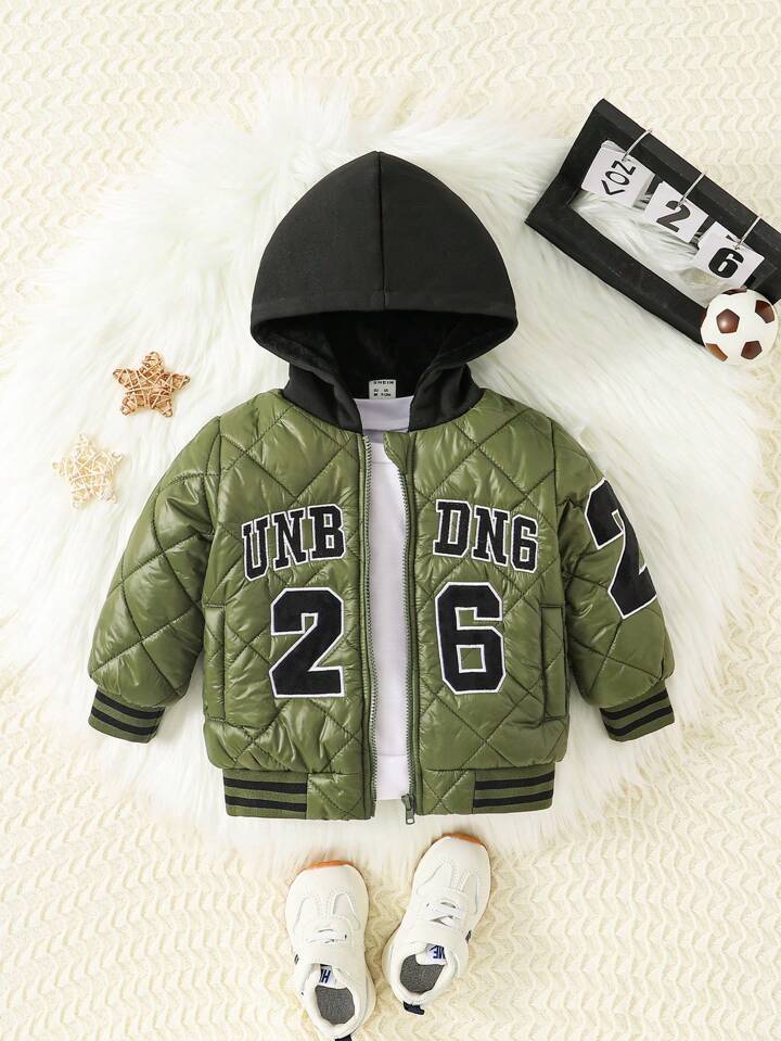 Baby Boy Letter Graphic Striped Trim Hooded Quilted Jacket Without Tee SHEIN