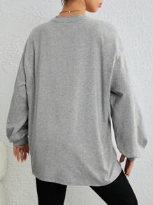 SHEIN EZwear 字母刺繡落肩T恤 - 淺灰色 - 查看 2