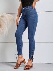 SHEIN LUNE 繫帶下擺緊身牛仔褲 - 深色水洗藍 - 查看 3