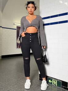 SHEIN ICON Quần Denim kích thước lớn - màu đen - Xem 5