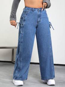 SHEIN ICON Plus Lace Up Side Wide Leg Jeans - Medium Wash - View 5