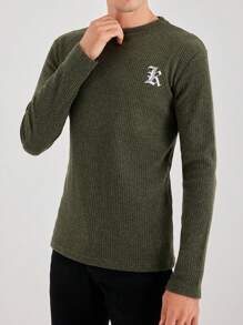 RueChic Men Letter Graphic Ribbed Knit Tee - Green - View 3