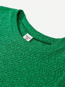 SHEIN Tween Girl Casual Solid Round Neck Short Sleeve Dress With Drawstring & Ruffled Hem - Green - View 4