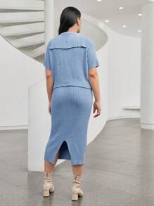 Mulvari Plus Sailor Collar Sweater & Knit Skirt 2 Piece Set - Baby Blue - View 6