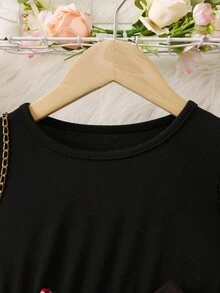 女小童印花荷葉邊繫腰帶洋裝 - 黑色 - 查看 4