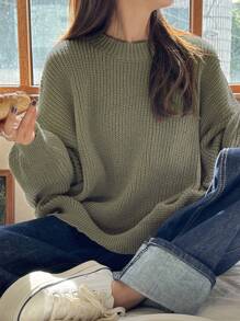 DAZY 纯色落肩罗纹针织毛衣、长袖上衣、秋装 - 橄欖綠 - 查看 2