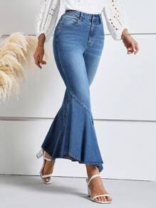 SHEIN LUNE Asymmetrical Raw Hem Flare Leg Jeans