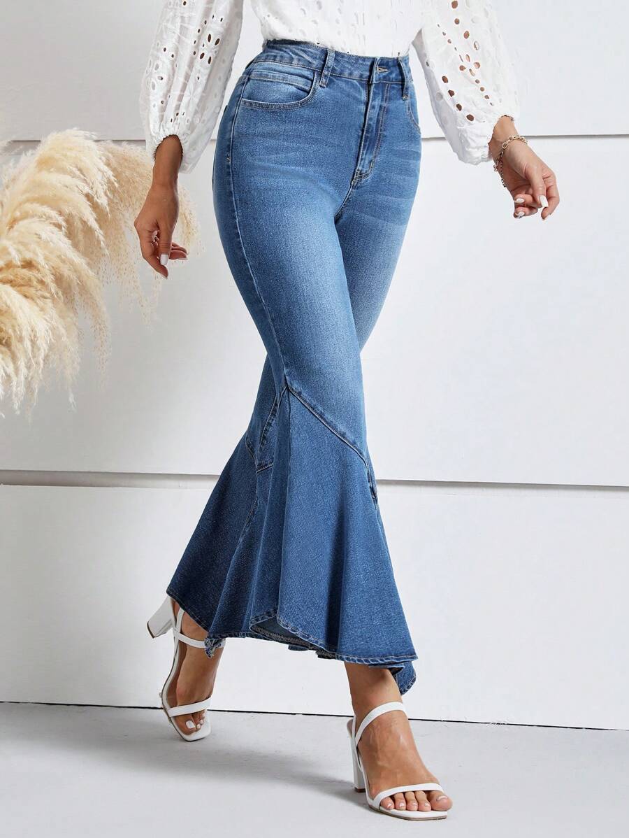 SHEIN LUNE Asymmetrical Raw Hem Flare Leg Jeans